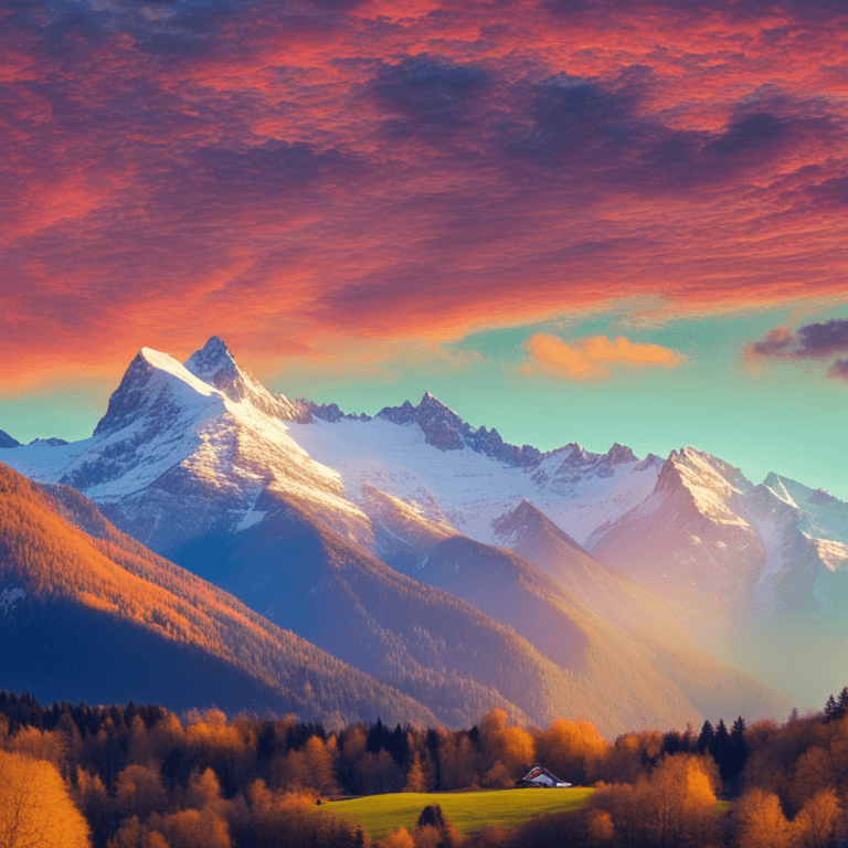 A peaceful mountain landscape during golder hour.