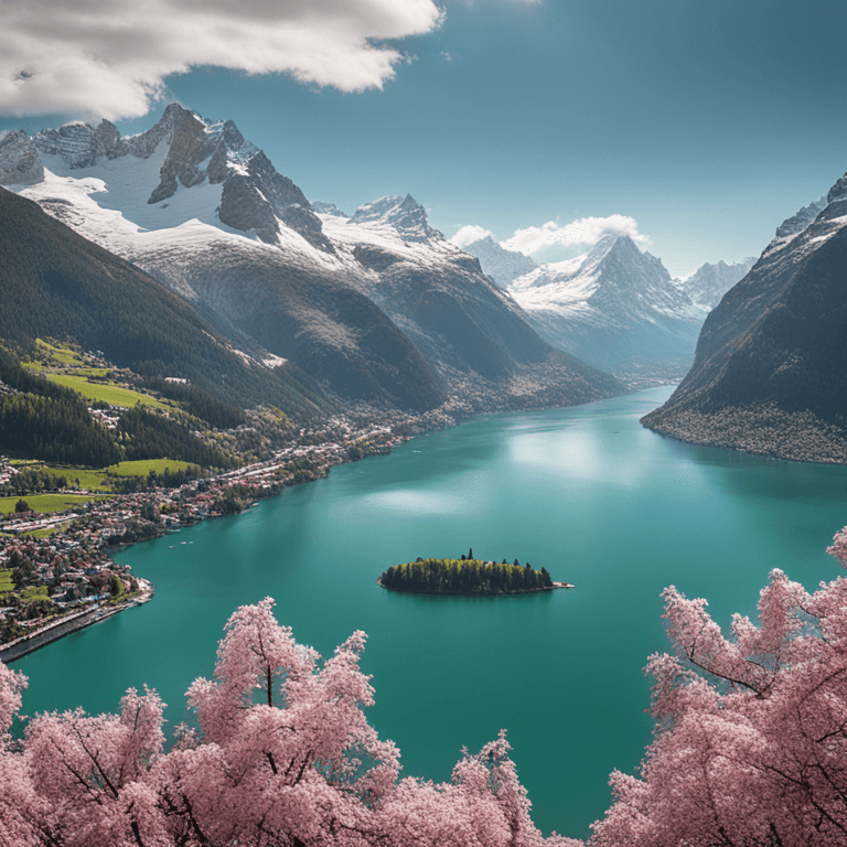 A lake surounded by mountains during spring.